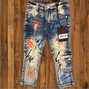 Elite Premium Denim Kids Jeans 2–3 Distressed Paint Splatter Cargo